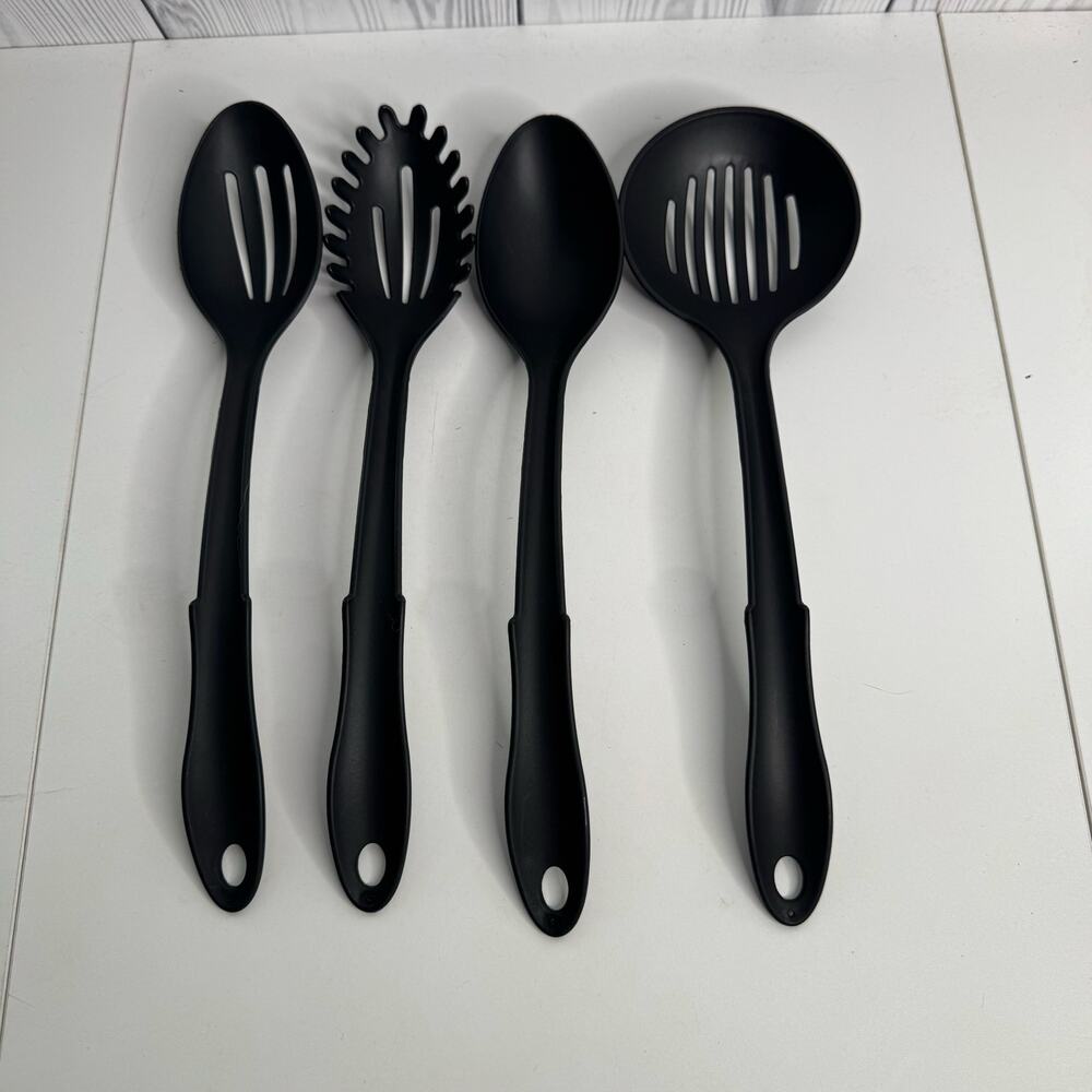 Set of 4 Utensils Black Plastic Slotted Serving Spoons, Ladle Heat Resistant USA